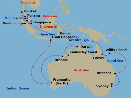 28 Night - Asia & Australia - Sapphire Princess - Starting in Singapore, Kuala Lumpur (Port Kelang), Malaysia, Penang, Malaysia, Phuket, Thailand, Bali (Benoa), Indonesia, Perth (Fremantle), Australia, Broome, Australia, Kimberley Coast (Scenic Cruising), Australia, Darwin, Australia, Cairns, Australia, Willis Island, Australia, Brisbane, Australia, Sydney AU itinerary map