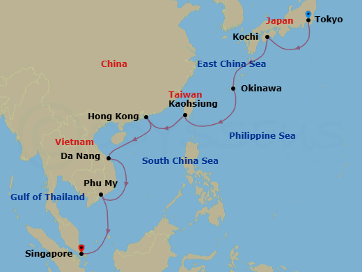 14 Night - Southeast Asia & Japan - Sapphire Princess - Starting in Tokyo, Japan, Kochi, Japan, Okinawa, Japan, Kaohsiung, Taiwan, Hong Kong, Da Nang / Hue (Chan May), Vietnam, Ho Chi Minh City (Phu My), Vietnam, Singapore itinerary map