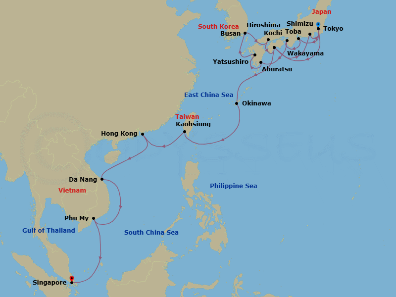 24 Night - Japan & Southeast Asia Grand Adventure - Sapphire Princess - Starting in Tokyo, Japan, Toba, Japan, Wakayama, Japan, Miyazaki (Aburatsu), Japan, Yatsushiro, Japan, Busan, South Korea, Kanmon Straits, Japan, Hiroshima, Japan, Kochi, Japan, Shimizu (for Mount Fuji), Japan, Tokyo, Japan, Kochi, Japan, Okinawa, Japan, Kaohsiung, Taiwan, Hong Kong, Da Nang / Hue (Chan May), Vietnam, Ho Chi Minh City (Phu My), Vietnam, Singapore itinerary map