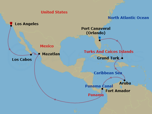 16 Night - Panama Canal - Ocean to Ocean - Star Princess - Starting in Port Canaveral (Orlando), Florida, Grand Turk, Turks and Caicos, Aruba, Panama Canal Full Transit New Locks, Fuerte Amador, Panama (for Panama City), Mazatlan, Mexico, Cabo San Lucas, Mexico, Los Angeles, California itinerary map