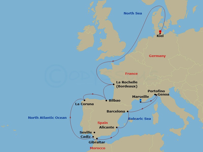 13 Night - Northern Europe - MSC Euribia - Starting in Marseille (Provence), France, Genoa (Portofino), Italy, Barcelona, Spain, Alicante, Spain, Gibraltar, Cadiz (Seville), Spain, La Coruna (Santiago De Compostela), Spain, Bilbao, Spain, La Rochelle, France, Kiel, Germany itinerary map