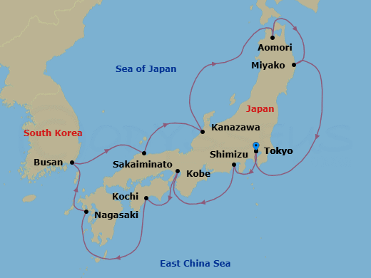 14 Night - Tokyo to Tokyo - Silver Muse - Starting in Tokyo, Shimizu, Kobe, Kochi, Nagasaki, Busan, Sakaiminato, Kanazawa, Aomori, Miyako, Iwate, Tokyo itinerary map