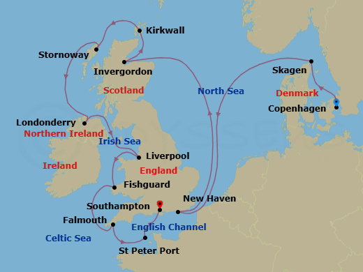 12 Night - Copenhagen to Southampton - Silver Dawn - Starting in Copenhagen, Skagen, Newhaven (Edinburgh), Scotland, Invergordon (Highland), Kirkwall, Orkney Islands, Scotland, Stornoway (Isle of Lewis), Greencastle (Londonderry), Liverpool, Fishguard, Wales, Falmouth, England, St Peter Port, Southampton itinerary map