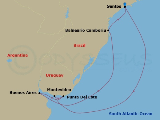 9 Night - South America - MSC Musica - Starting in Santos (Sao Paulo), Brazil, Montevideo, Uruguay, Punta Del Este, Uruguay, Buenos Aires, Argentina, Balneario Camboriu, Brazil, Santos (Sao Paulo), Brazil itinerary map