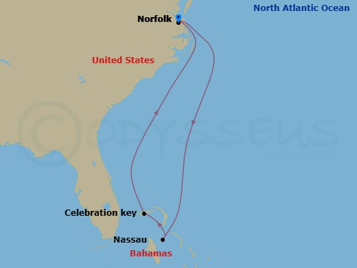 6 Night - Bahamas - Carnival Freedom - Starting in Norfolk, Va, Nassau, Bahamas, Celebration Key, the Bahamas, Norfolk, Va itinerary map