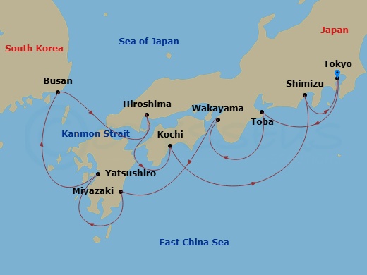 10 Night - Japan Explorer - Sapphire Princess - Starting in Tokyo, Japan, Toba, Japan, Wakayama, Japan, Miyazaki (Aburatsu), Japan, Yatsushiro, Japan, Busan, South Korea, Kanmon Straits, Japan, Hiroshima, Japan, Kochi, Japan, Shimizu (for Mount Fuji), Japan, Tokyo, Japan itinerary map