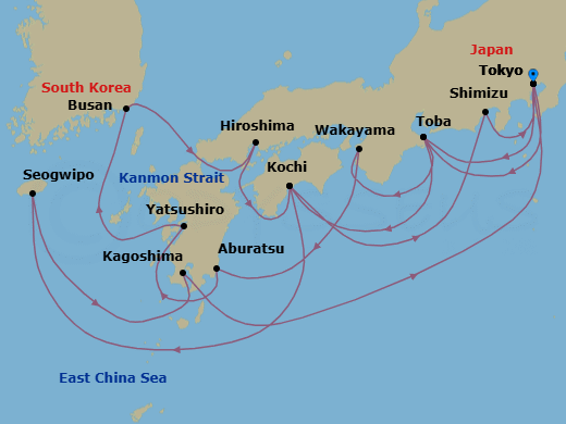 17 Night - Grand Japan - Sapphire Princess - Starting in Tokyo, Japan, Toba, Japan, Kochi, Japan, Jeju (Seogwipo), South Korea, Kagoshima, Japan, Tokyo, Japan, Toba, Japan, Wakayama, Japan, Miyazaki (Aburatsu), Japan, Yatsushiro, Japan, Busan, South Korea, Kanmon Straits, Japan, Hiroshima, Japan, Kochi, Japan, Shimizu (for Mount Fuji), Japan, Tokyo, Japan itinerary map