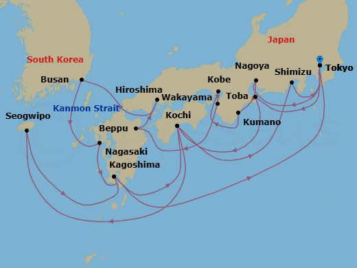 20 Night - Grand Japan with Kumano Fireworks - Sapphire Princess - Starting in Tokyo, Japan, Nagoya, Japan, Kumano, Japan, Kobe (for Kyoto), Japan, Wakayama, Japan, Beppu, Japan, Hiroshima, Japan, Kanmon Straits, Japan, Busan, South Korea, Nagasaki, Japan, Kagoshima, Japan, Kochi, Japan, Shimizu (for Mount Fuji), Japan, Tokyo, Japan, Toba, Japan, Kochi, Japan, Jeju (Seogwipo), South Korea, Kagoshima, Japan, Tokyo, Japan itinerary map
