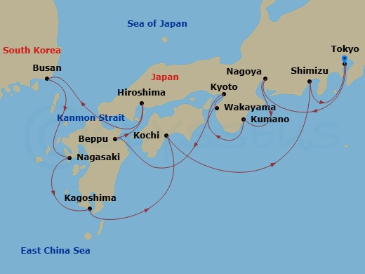 13 Night - Japan Explorer with Kumano Fireworks - Sapphire Princess - Starting in Tokyo, Japan, Nagoya, Japan, Kumano, Japan, Kobe (for Kyoto), Japan, Wakayama, Japan, Beppu, Japan, Hiroshima, Japan, Kanmon Straits, Japan, Busan, South Korea, Nagasaki, Japan, Kagoshima, Japan, Kochi, Japan, Shimizu (for Mount Fuji), Japan, Tokyo, Japan itinerary map