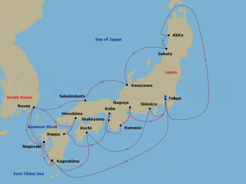 24 Night - Grand Circle Japan with Summer Festivals & Kumano Fireworks - Sapphire Princess - Starting in Tokyo, Japan, Akita, Japan, Sakata, Japan, Kanazawa, Japan, Sakaiminato, Japan, Busan, South Korea, Nagasaki, Japan, Kagoshima, Japan, Tokyo, Japan, Nagoya, Japan, Kumano, Japan, Kobe (for Kyoto), Japan, Wakayama, Japan, Beppu, Japan, Hiroshima, Japan, Kanmon Straits, Japan, Busan, South Korea, Nagasaki, Japan, Kagoshima, Japan, Kochi, Japan, Shimizu (for Mount Fuji), Japan, Tokyo, Japan itinerary map