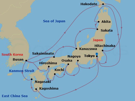 22 Night - Grand Circle Japan with Summer Festivals - Sapphire Princess - Starting in Tokyo, Japan, Nagoya, Japan, Osaka (for Kyoto), Japan, Kochi, Japan, Hiroshima, Japan, Kanmon Straits, Japan, Busan, South Korea, Hakodate, Japan, Hitachinaka (for Nikko), Japan, Tokyo, Japan, Akita, Japan, Sakata, Japan, Kanazawa, Japan, Sakaiminato, Japan, Busan, South Korea, Nagasaki, Japan, Kagoshima, Japan, Tokyo, Japan itinerary map