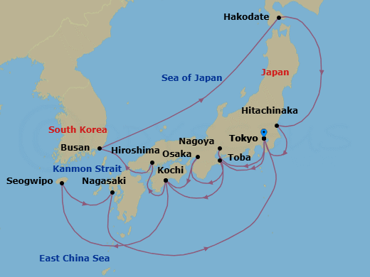 18 Night - Grand Circle Japan with Hakodate Minato Festival - Sapphire Princess - Starting in Tokyo, Japan, Toba, Japan, Kochi, Japan, Kanmon Straits, Japan, Jeju (Seogwipo), South Korea, Nagasaki, Japan, Tokyo, Japan, Nagoya, Japan, Osaka (for Kyoto), Japan, Kochi, Japan, Hiroshima, Japan, Kanmon Straits, Japan, Busan, South Korea, Hakodate, Japan, Hitachinaka (for Nikko), Japan, Tokyo, Japan itinerary map