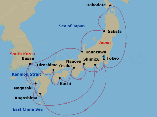 20 Night - Grand Circle Japan - Sapphire Princess - Starting in Tokyo, Japan, Hakodate, Japan, Sakata, Japan, Kanazawa, Japan, Busan, South Korea, Nagasaki, Japan, Kagoshima, Japan, Tokyo, Japan, Nagoya, Japan, Osaka (for Kyoto), Japan, Kochi, Japan, Hiroshima, Japan, Kanmon Straits, Japan, Busan, South Korea, Nagasaki, Japan, Shimizu (for Mount Fuji), Japan, Tokyo, Japan itinerary map