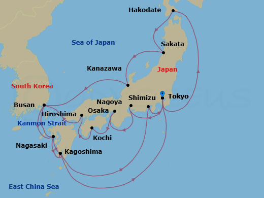 21 Night - Grand Circle Japan - Sapphire Princess - Starting in Tokyo, Japan, Nagoya, Japan, Osaka (for Kyoto), Japan, Kochi, Japan, Hiroshima, Japan, Kanmon Straits, Japan, Busan, South Korea, Nagasaki, Japan, Kagoshima, Japan, Shimizu (for Mount Fuji), Japan, Tokyo, Japan, Hakodate, Japan, Sakata, Japan, Kanazawa, Japan, Busan, South Korea, Nagasaki, Japan, Kagoshima, Japan, Tokyo, Japan itinerary map