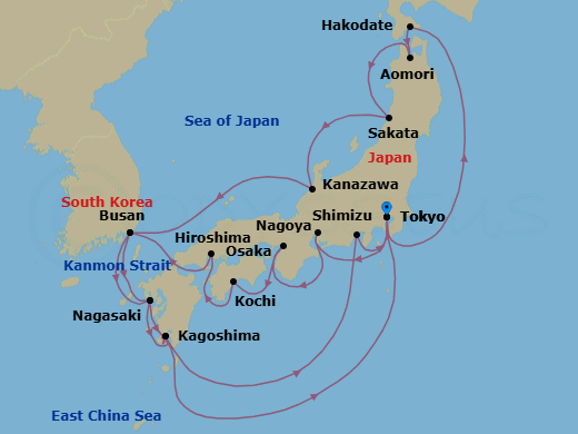 22 Night - Grand Circle Japan - Sapphire Princess - Starting in Tokyo, Japan, Hakodate, Japan, Aomori, Japan, Sakata, Japan, Kanazawa, Japan, Busan, South Korea, Nagasaki, Japan, Kagoshima, Japan, Tokyo, Japan, Nagoya, Japan, Osaka (for Kyoto), Japan, Kochi, Japan, Hiroshima, Japan, Kanmon Straits, Japan, Busan, South Korea, Nagasaki, Japan, Kagoshima, Japan, Shimizu (for Mount Fuji), Japan, Tokyo, Japan itinerary map