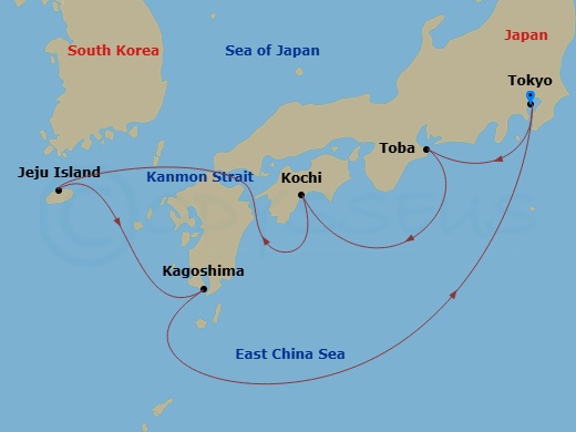 7 Night - Japan & Korea - Sapphire Princess - Starting in Tokyo, Japan, Toba, Japan, Kochi, Japan, Kanmon Straits, Japan, Jeju (Seogwipo), South Korea, Kagoshima, Japan, Tokyo, Japan itinerary map