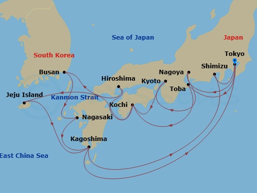 18 Night - Grand Japan - Sapphire Princess - Starting in Tokyo, Japan, Nagoya, Japan, Osaka (for Kyoto), Japan, Kochi, Japan, Hiroshima, Japan, Kanmon Straits, Japan, Busan, South Korea, Nagasaki, Japan, Kagoshima, Japan, Shimizu (for Mount Fuji), Japan, Tokyo, Japan, Toba, Japan, Kochi, Japan, Kanmon Straits, Japan, Jeju (Seogwipo), South Korea, Kagoshima, Japan, Tokyo, Japan itinerary map