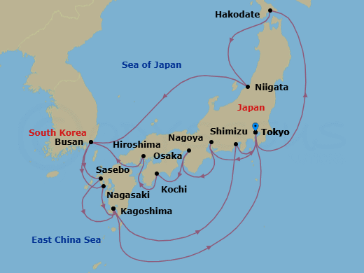 20 Night - Grand Circle Japan - Sapphire Princess - Starting in Tokyo, Japan, Hakodate, Japan, Niigata, Japan, Busan, South Korea, Sasebo, Japan, Kagoshima, Japan, Tokyo, Japan, Nagoya, Japan, Osaka (for Kyoto), Japan, Kochi, Japan, Hiroshima, Japan, Kanmon Straits, Japan, Busan, South Korea, Nagasaki, Japan, Kagoshima, Japan, Shimizu (for Mount Fuji), Japan, Tokyo, Japan itinerary map