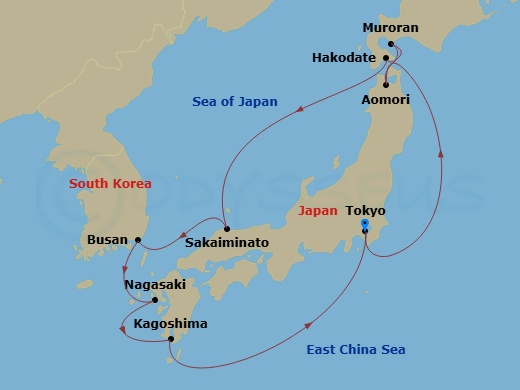 11 Night - Hokkaido Cherry Blossoms - Sapphire Princess - Starting in Tokyo, Japan, Aomori, Japan, Muroran, Japan, Hakodate, Japan, Sakaiminato, Japan, Busan, South Korea, Nagasaki, Japan, Kagoshima, Japan, Tokyo, Japan itinerary map