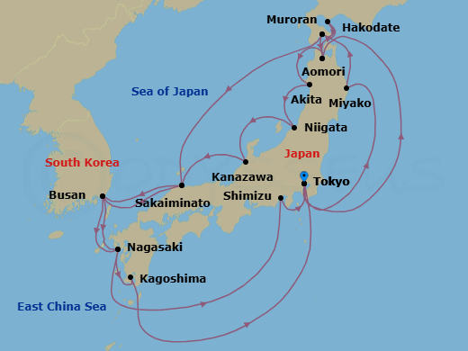24 Night - Grand Circle Japan Cherry Blossoms - Sapphire Princess - Starting in Tokyo, Japan, Miyako, Japan, Hakodate, Japan, Aomori, Japan, Akita, Japan, Niigata, Japan, Kanazawa, Japan, Sakaiminato, Japan, Busan, South Korea, Nagasaki, Japan, Shimizu (for Mount Fuji), Japan, Tokyo, Japan, Aomori, Japan, Muroran, Japan, Hakodate, Japan, Sakaiminato, Japan, Busan, South Korea, Nagasaki, Japan, Kagoshima, Japan, Tokyo, Japan itinerary map