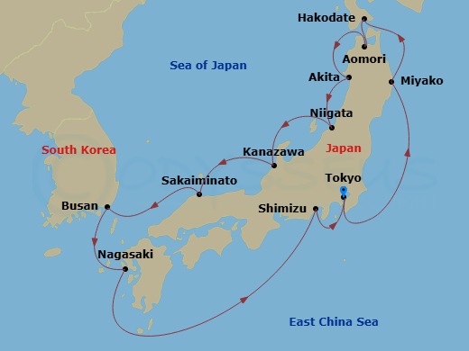 13 Night - Circle Japan Cherry Blossoms - Sapphire Princess - Starting in Tokyo, Japan, Miyako, Japan, Hakodate, Japan, Aomori, Japan, Akita, Japan, Niigata, Japan, Kanazawa, Japan, Sakaiminato, Japan, Busan, South Korea, Nagasaki, Japan, Shimizu (for Mount Fuji), Japan, Tokyo, Japan itinerary map