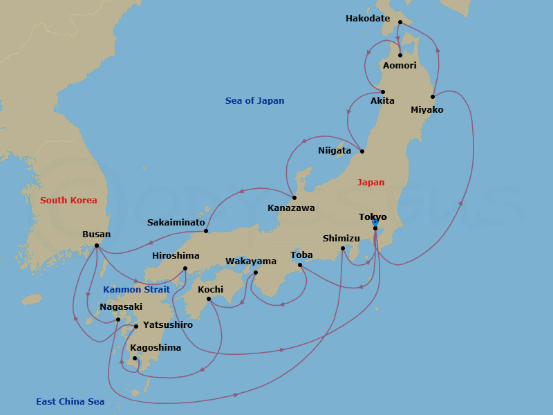 23 Night - Grand Circle Japan Cherry Blossoms - Sapphire Princess - Starting in Tokyo, Japan, Toba, Japan, Wakayama, Japan, Kochi, Japan, Kagoshima, Japan, Yatsushiro, Japan, Busan, South Korea, Kanmon Straits, Japan, Hiroshima, Japan, Tokyo, Japan, Miyako, Japan, Hakodate, Japan, Aomori, Japan, Akita, Japan, Niigata, Japan, Kanazawa, Japan, Sakaiminato, Japan, Busan, South Korea, Nagasaki, Japan, Shimizu (for Mount Fuji), Japan, Tokyo, Japan itinerary map