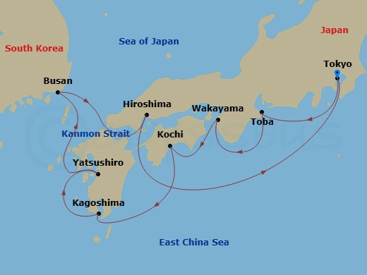 10 Night - Japan Explorer Cherry Blossoms - Sapphire Princess - Starting in Tokyo, Japan, Toba, Japan, Wakayama, Japan, Kochi, Japan, Kagoshima, Japan, Yatsushiro, Japan, Busan, South Korea, Kanmon Straits, Japan, Hiroshima, Japan, Tokyo, Japan itinerary map