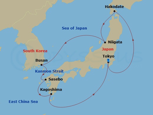9 Night - Circle Japan - Sapphire Princess - Starting in Tokyo, Japan, Hakodate, Japan, Niigata, Japan, Busan, South Korea, Sasebo, Japan, Kagoshima, Japan, Tokyo, Japan itinerary map