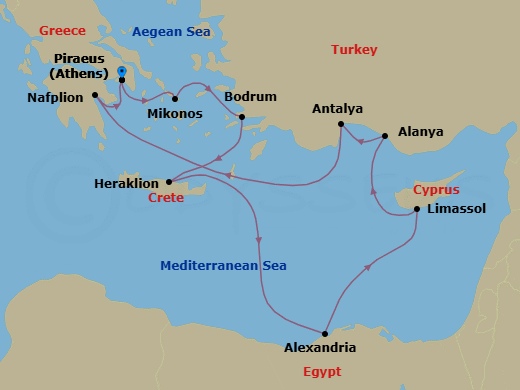 14 Night - Greece, Egypt & Turkey Cruise : Athens, Alexandria & Antalya - Azamara Onward - Starting in Athens (Piraeus), Mykonos, Bodrum, Heraklion, (Crete), Alexandria EG (Cairo), Egypt, Limassol, Alanya, Antalya, Nafplio, Athens (Piraeus) itinerary map