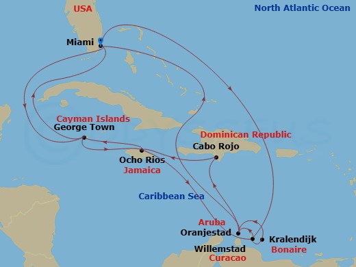 20 Night - Caribbean and Antilles - MSC Poesia - Starting in Miami, Florida, Willemstad AN, Oranjestad, Aruba, Cabo Rojo, Dominican Republic, Ocho Rios, Jamaica, George Town, Cayman Islands, Miami, Florida, George Town, Cayman Islands, Ocho Rios, Jamaica, Willemstad AN, Kralendijk, Bonaire, Oranjestad, Aruba, Miami, Florida itinerary map