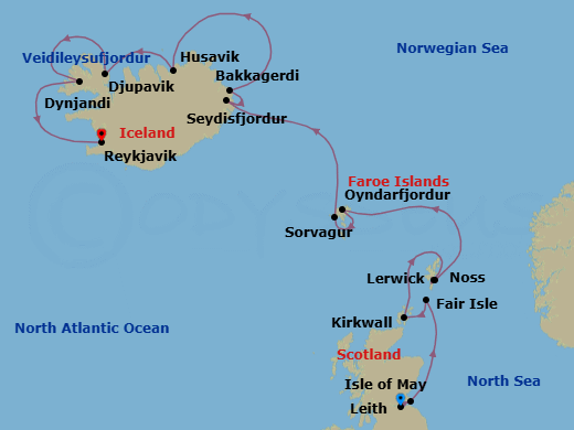 12 Night - Edinburgh to Reykjavik - Silver Wind - Starting in Edinburgh (Leith), Isle of May, Fair Isle, Scotland, Kirkwall, Orkney Islands, Scotland, Lerwick, Shetland Islands, Scotland, Noss, Scotland, Oyndarfjordur, Sorvagur, Seydisfjordur, Bakkagerdi, Husavik, Djupavik, Veidileysufjordur Cruising, Dynjandi Waterfalls, Reykjavik itinerary map