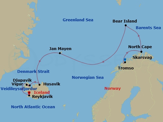 13 Night - Tromso to Reykjavik - Silver Endeavour - Starting in Tromso, Skarsvag (Nordkapp), Cruising Along North Cape, Bear Island, Svalbard, Svalbard Southern Region, Jan Mayen Island, Husavik, Djupavik, Veidileysufjordur Cruising, Vigur Island, Reykjavik itinerary map