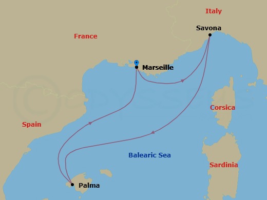 4 Night - Western Mediterranean from Marseille - Costa Diadema - Starting in Marseille, France, Savona, Italy, Palma De Mallorca, Spain, Marseille, France itinerary map