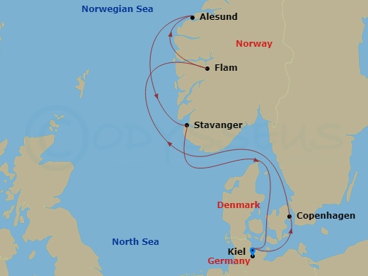 7 Night - North Europe from Kiel - Costa Diadema - Starting in Kiel, Germany, Copenhagen, Denmark, Flam, Norway, Alesund, Norway, Stavanger, Norway, Kiel, Germany itinerary map