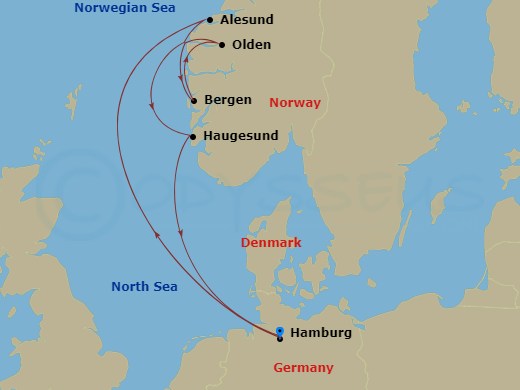 7 Night - Northern Europe - MSC Preziosa - Starting in Hamburg, Germany, Alesund, Norway, Bergen, Norway, Olden, Norway, Haugesund, Norway, Hamburg, Germany itinerary map