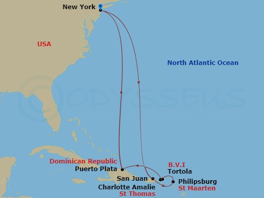 10 Night - Eastern Caribbean - New York - Norwegian Escape - Starting in New York City, Ny, San Juan, Pr, Philipsburg, St Maarten, Netherland Antilles, St Thomas, Vi, Tortola, British Virgin Islands, Puerto Plata, Dominican Republic, New York City, Ny itinerary map