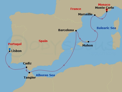 7 Night - Culinary Capitals - Seven Seas Splendor - Starting in Lisbon, Cadiz, Tangier, Cruising the Mediterranean Sea, Barcelona, Mahon, Minorca, Provence (Marseille), Monte Carlo itinerary map