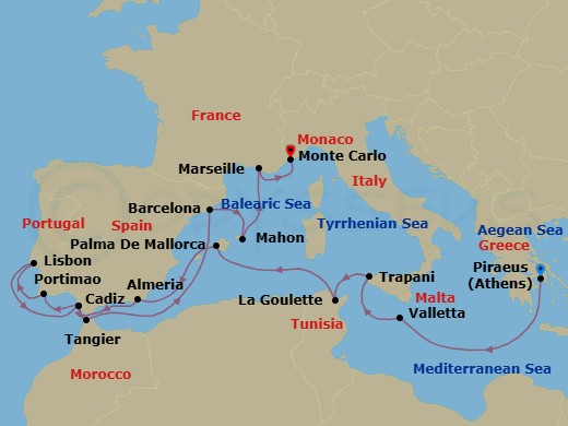 17 Night - Mediterranean Mystique - Seven Seas Splendor - Starting in Athens (Piraeus), Cruising the Mediterranean Sea, Valletta, Trapani (Sicily), La Goulette, Cruising the Mediterranean Sea, Palma De Mallorca, Almeria, Cadiz, Portimao, Lisbon, Cadiz, Tangier, Cruising the Mediterranean Sea, Barcelona, Mahon, Minorca, Provence (Marseille), Monte Carlo itinerary map