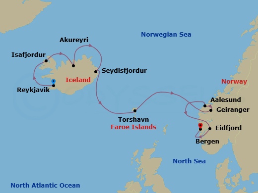 12 Night - Iceland's Majestic Landscapes - Viking Saturn - Starting in Reykjavik, Isafjordur, Akureyri, Seydisfjordur, Sail the Norwegian Sea, Torshavn, Sail the North Sea, Geiranger, Norway, Alesund, Eidfjord, Bergen itinerary map