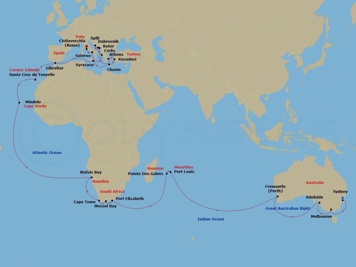 54 Night - World Cruise Liner - Indian Ocean, Africa & Mediterranean - Coral Princess - Starting in Sydney AU, Melbourne, Australia, Adelaide, Australia, Perth (Fremantle), Australia, Port Louis, Mauritius, Pointe des Galets, Reunion Island, Port Elizabeth ZA, Mossel Bay, South Africa, Cape Town, South Africa, Walvis Bay, Namibia, Mindelo, Cape Verde Islands, Santa Cruz de Tenerife, Gibraltar, Siracusa, Italy, Corfu, Greece, Dubrovnik, Croatia, Split, Croatia, Kotor, Montenegro, Athens (Piraeus), Greece, Kusadasi, Turkey (for Ephesus), Crete (Chania), Greece, Amalfi Coast (Salerno), Civitavecchia (for Rome), Italy itinerary map