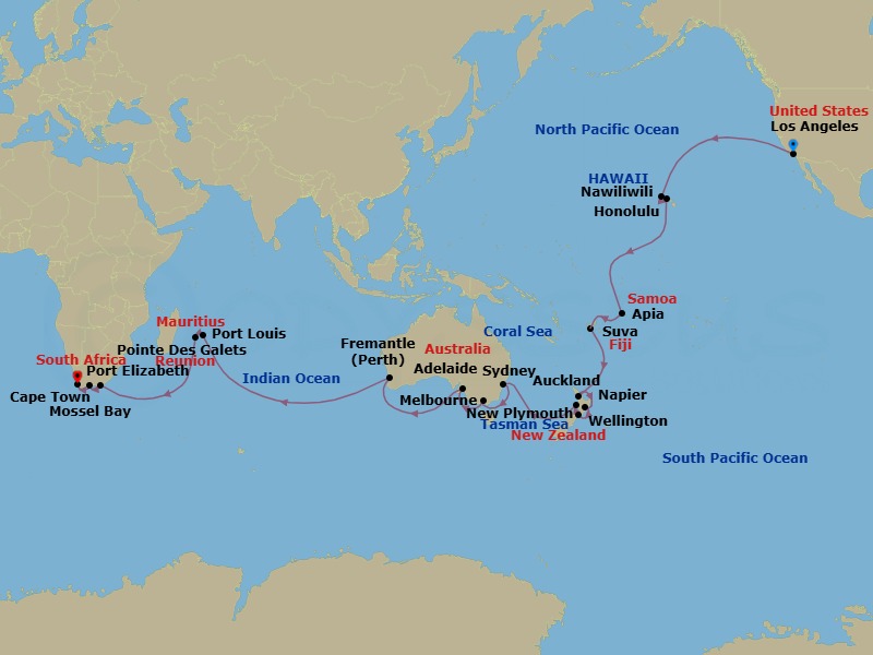 50 Night - World Cruise Liner - South Pacific & Indian Ocean - Coral Princess - Starting in Los Angeles, California, Kauai (Nawiliwili), Hawaii, Honolulu, Hawaii, Cross International Date Line, Apia, Western Samoa, Suva, Fiji, Auckland, New Zealand, Napier, New Zealand, Wellington, New Zealand, New Plymouth, New Zealand, Sydney AU, Melbourne, Australia, Adelaide, Australia, Perth (Fremantle), Australia, Port Louis, Mauritius, Pointe des Galets, Reunion Island, Port Elizabeth ZA, Mossel Bay, South Africa itinerary map