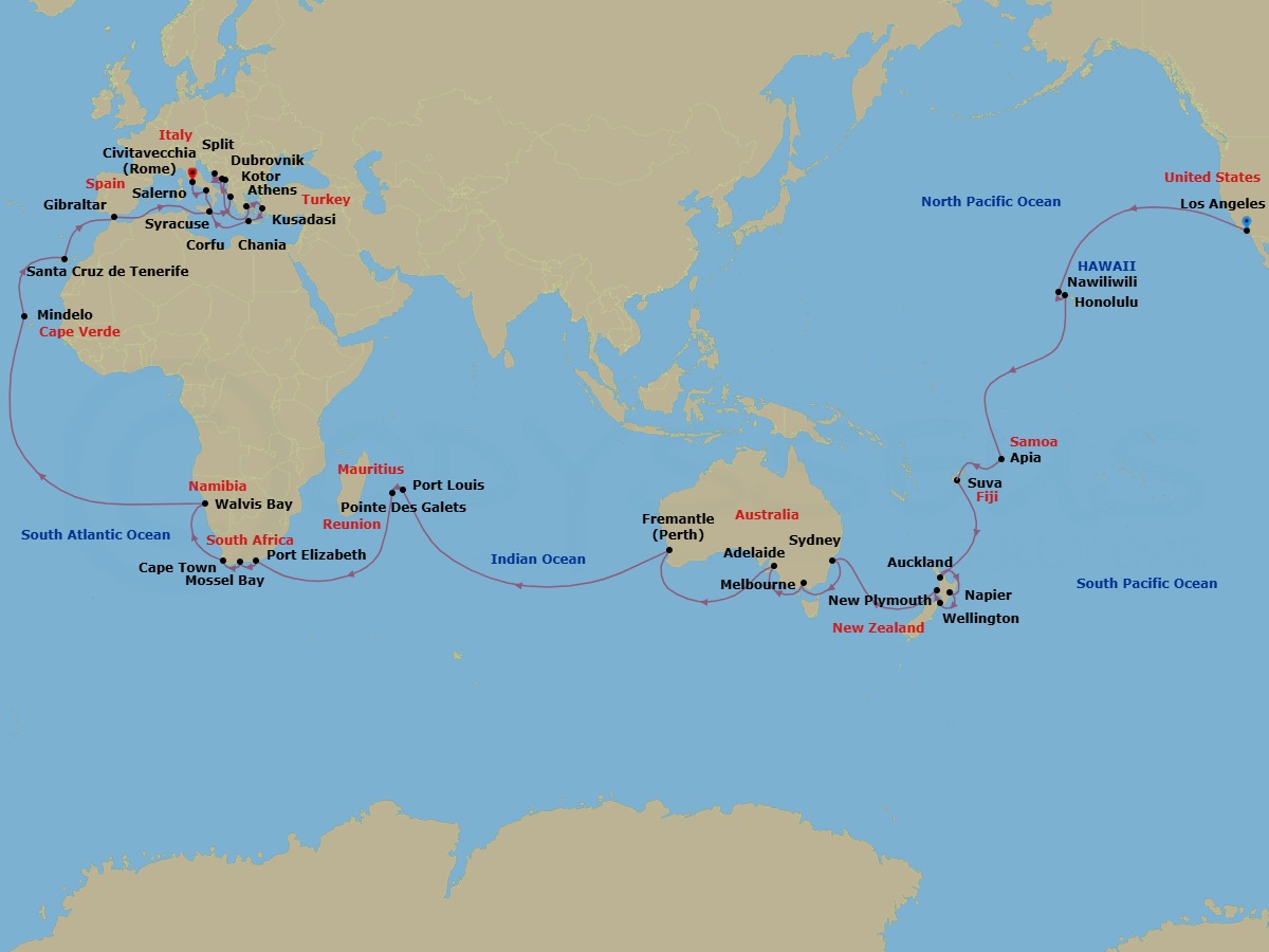 80 Night - World Cruise - Los Angeles to Rome - Coral Princess - Starting in Los Angeles, California, Kauai (Nawiliwili), Hawaii, Honolulu, Hawaii, Cross International Date Line, Apia, Western Samoa, Suva, Fiji, Auckland, New Zealand, Napier, New Zealand, Wellington, New Zealand, New Plymouth, New Zealand, Sydney AU, Melbourne, Australia, Adelaide, Australia, Perth (Fremantle), Australia, Port Louis, Mauritius, Pointe des Galets, Reunion Island, Port Elizabeth ZA, Mossel Bay, South Africa, Cape Town, South Africa, Walvis Bay, Namibia, Mindelo, Cape Verde Islands, Santa Cruz de Tenerife, Gibraltar, Siracusa, Italy, Corfu, Greece, Dubrovnik, Croatia, Split, Croatia, Kotor, Montenegro, Athens (Piraeus), Greece, Kusadasi, Turkey (for Ephesus), Crete (Chania), Greece, Amalfi Coast (Salerno) itinerary map