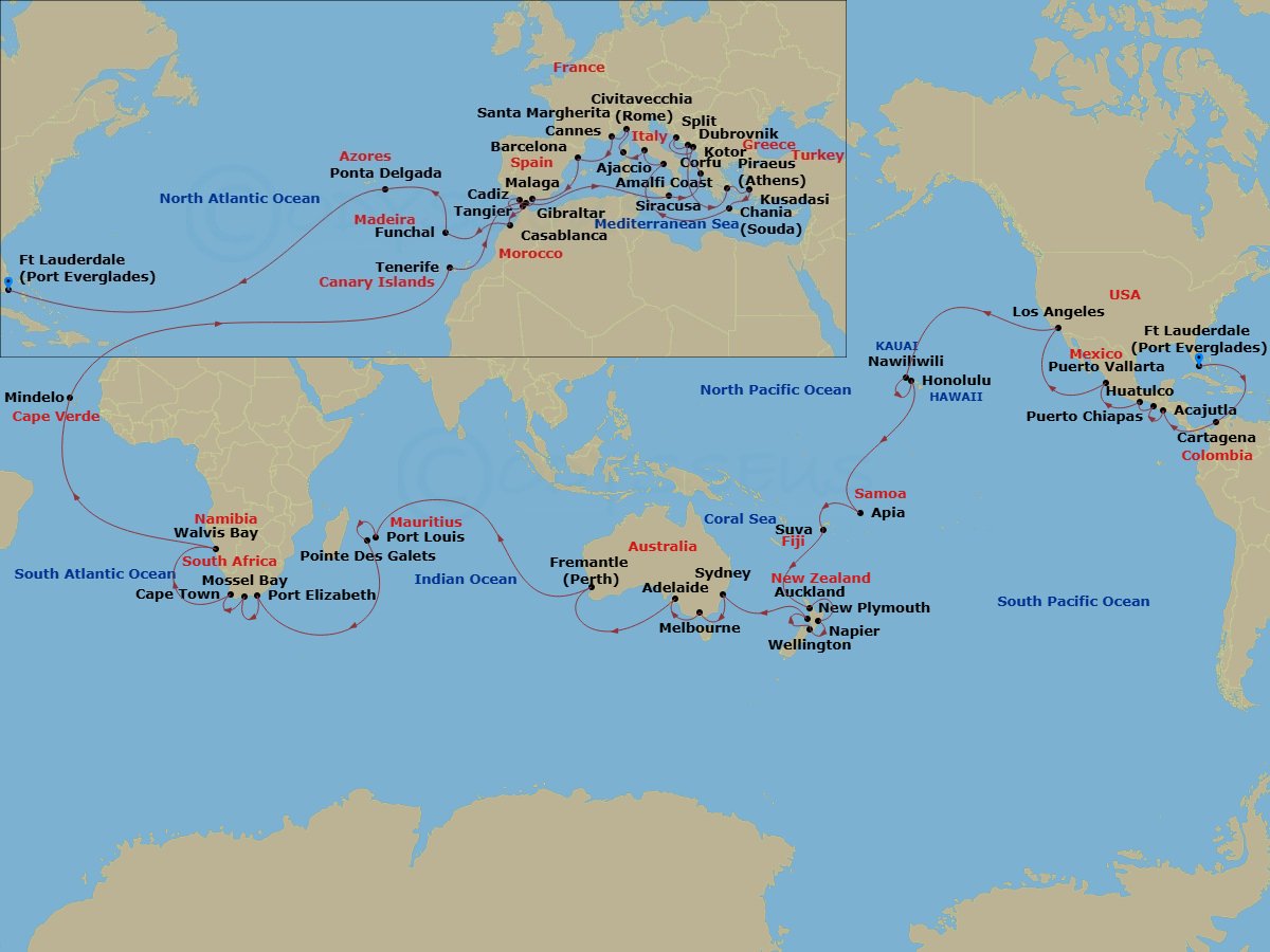 116 Night - World Cruise - Roundtrip Ft. Lauderdale - Coral Princess - Starting in Fort Lauderdale, Florida, Cartagena CO, Panama Canal Full Transit Historic Locks, Acajutla, El Salvador, Puerto Chiapas, Mexico, Huatulco, Mexico, Puerto Vallarta, Mexico, Los Angeles, California, Kauai (Nawiliwili), Hawaii, Honolulu, Hawaii, Cross International Date Line, Apia, Western Samoa, Suva, Fiji, Auckland, New Zealand, Napier, New Zealand, Wellington, New Zealand, New Plymouth, New Zealand, Sydney AU, Melbourne, Australia, Adelaide, Australia, Perth (Fremantle), Australia, Port Louis, Mauritius, Pointe des Galets, Reunion Island, Port Elizabeth ZA, Mossel Bay, South Africa, Cape Town, South Africa, Walvis Bay, Namibia, Mindelo, Cape Verde Islands, Santa Cruz de Tenerife, Gibraltar, Siracusa, Italy, Corfu, Greece, Dubrovnik, Croatia, Split, Croatia, Kotor, Montenegro, Athens (Piraeus), Greece, Kusadasi, Turkey (for Ephesus), Crete (Chania), Greece, Amalfi Coast (Salerno), Civitavecchia (for Rome), Italy, Corsica (Ajaccio), France, Santa Margherita, Italy, Cannes (for Monte Carlo), France, Barcelona, Spain, Malaga, Spain, Seville (Cadiz), Spain, Tangier, Morocco, Casablanca, Morocco (for Marrakesh), Madeira (Funchal), Portugal, Azores Islands (Ponta Delgada), Portugal, Fort Lauderdale, Florida itinerary map
