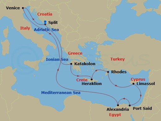 11 Night - Mediterranean - MSC Lirica - Starting in Split, Croatia, Venice / Marghera, Italy, Katakolon (Olympia), Greece, Heraklion (Crete), Greece, Rhodes (Lindos), Greece, Limassol, Cyprus, Port Said, Egypt, Alexandria EG, Egypt, Split, Croatia itinerary map
