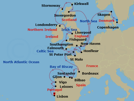 25 Night - Northern Europe from Copenhagen to Lisbon - Silver Dawn - Starting in Copenhagen, Skagen, Newhaven (Edinburgh), Invergordon, United Kingdom, Kirkwall, Stornoway, Greencastle, Liverpool, Fishguard, Falmouth, St Peter Port, Southampton, Honfleur, Saint Malo, Bordeaux, Bilbao, Santander, Gijon, Spain, Vigo, Oporto, Lisbon itinerary map