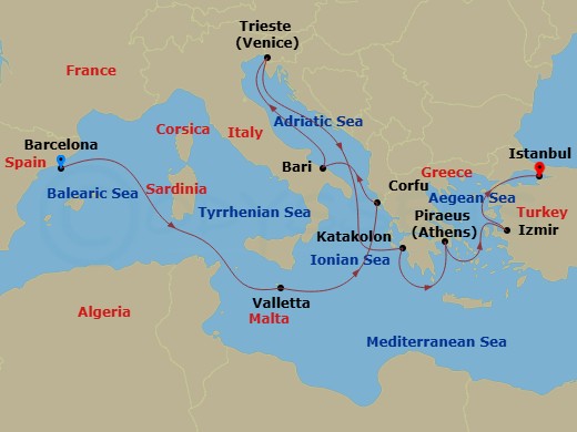 11 Night - Mediterranean - MSC Fantasia - Starting in Barcelona, Spain, La Valletta, Malta, Corfu, Greece, Bari, Italy, Trieste (Venice), Italy, Katakolon (Olympia), Greece, Piraeus (Athens), Greece, Izmir (Ephesus), Turkey, Istanbul, Turkey itinerary map