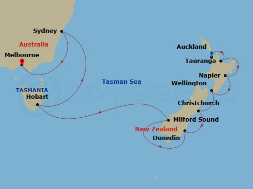 16 Night - New Zealand & Australia Holiday Cruise : Wellington, Hobart & Sydney - Azamara Pursuit - Starting in Auckland, Tauranga, Napier, Wellington, Christchurch, Dunedin, Milford Sound, Hobart, Tasmania, Sydney AU (White Bay), Australia, Melbourne itinerary map