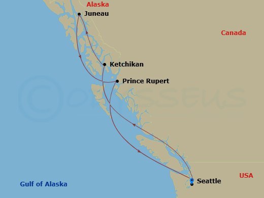 7 Night - Alaska : Inside Passage & Glacial Fjords - Brilliant Lady - Starting in Seattle, Washington, Inside Passage (Cruising), Ketchikan, Alaska, Juneau, Alaska, Endicott Arm and Dawes Glacier (Cruising), Prince Rupert, Canada, Seattle, Washington itinerary map