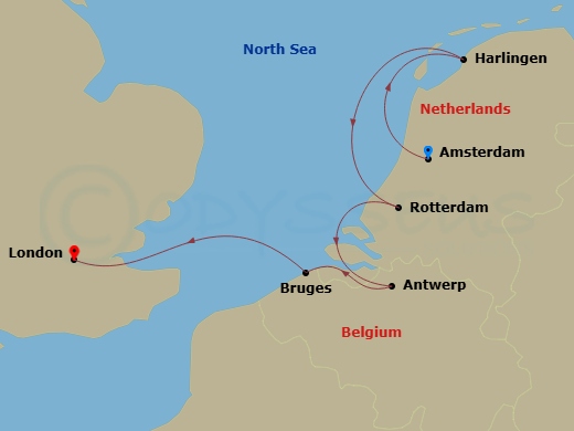7 Night - Tulip Season in Holland & Belgium - Star Pride - Starting in Amsterdam, Harlingen, Rotterdam, Cruising Scheldt River, Antwerp, Belgium, Zeebrugge (Bruges), Cruising Thames River, London itinerary map