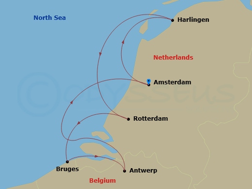 7 Night - Tulip Season in Holland & Belgium - Star Pride - Starting in Amsterdam, Harlingen, Rotterdam, Zeebrugge (Bruges), Antwerp, Belgium, Cruising Scheldt River, Amsterdam itinerary map